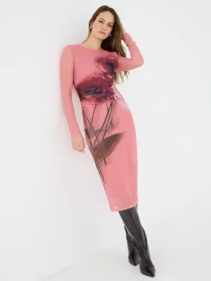 Floral Placement Mesh Midi Column Dress