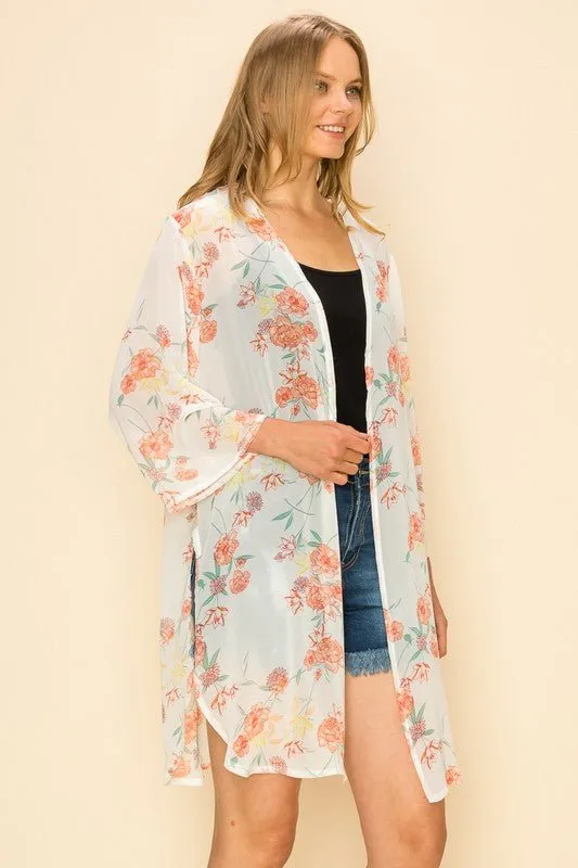 FLORAL PRINT KIMONO CARDIGAN