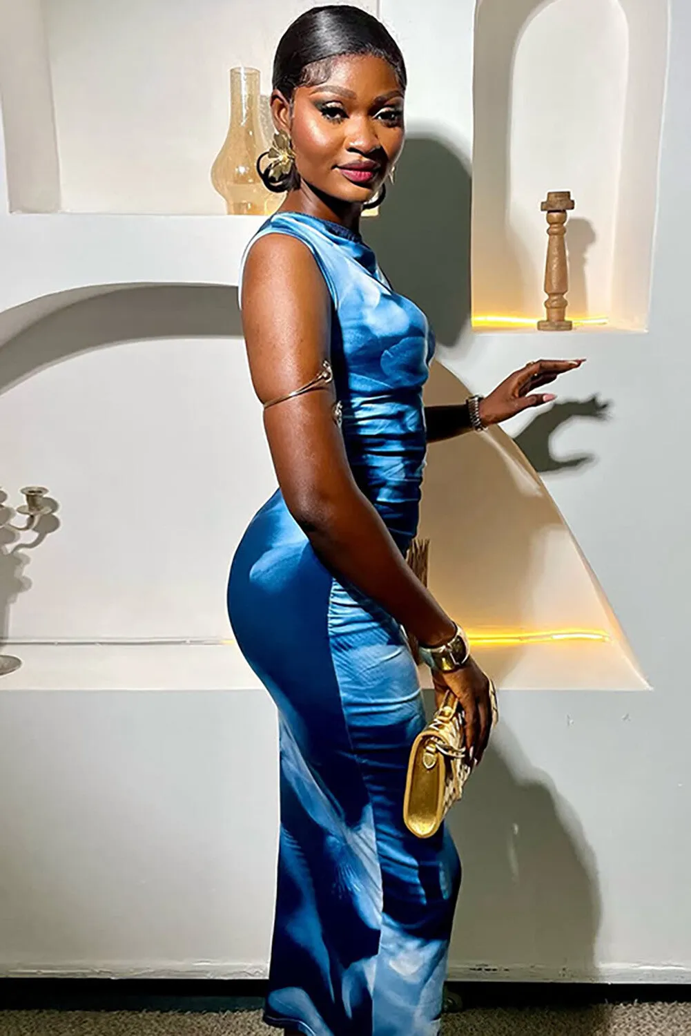Floral Print Skew Neck Ruched Bodycon Asymmetrical Midi Dresses-Blue