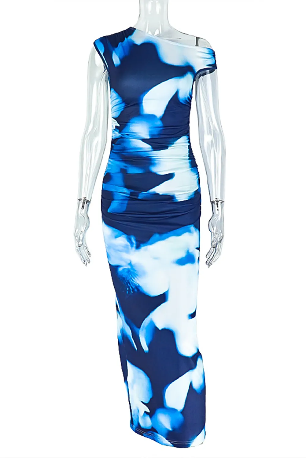 Floral Print Skew Neck Ruched Bodycon Asymmetrical Midi Dresses-Blue