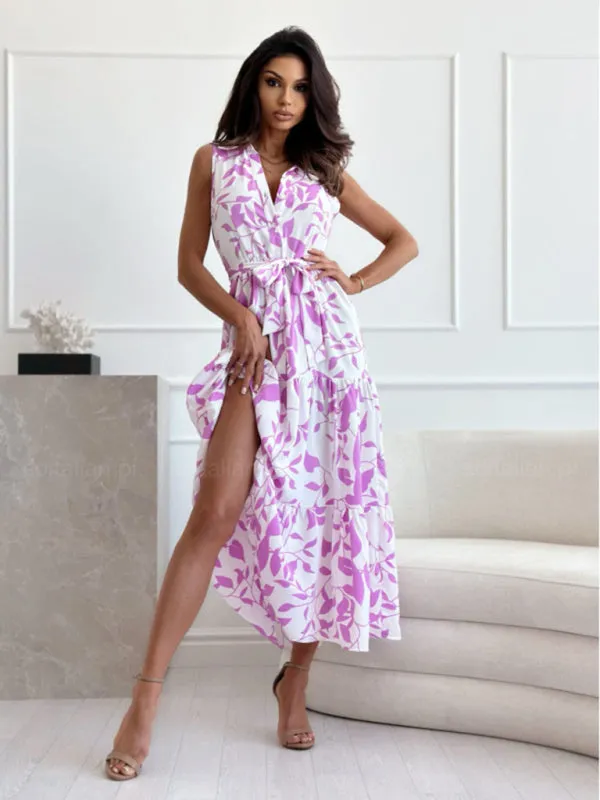 Floral Print Sleeveless Maxi Dress with Button-Up and High Slit
