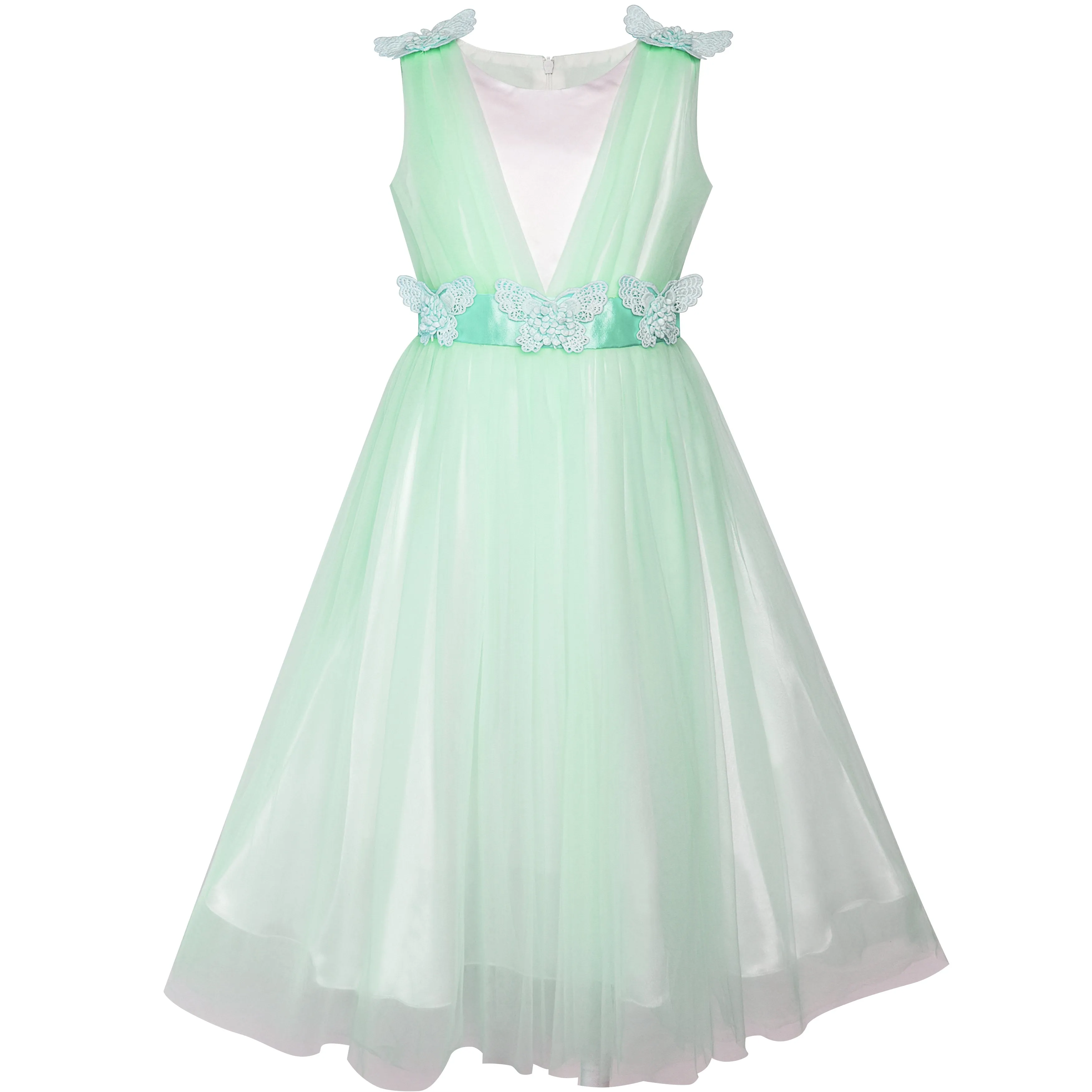 Flower Girls Dress Peach Ruffle Butterfly Wedding Bridesmaid Size 6-14 Years