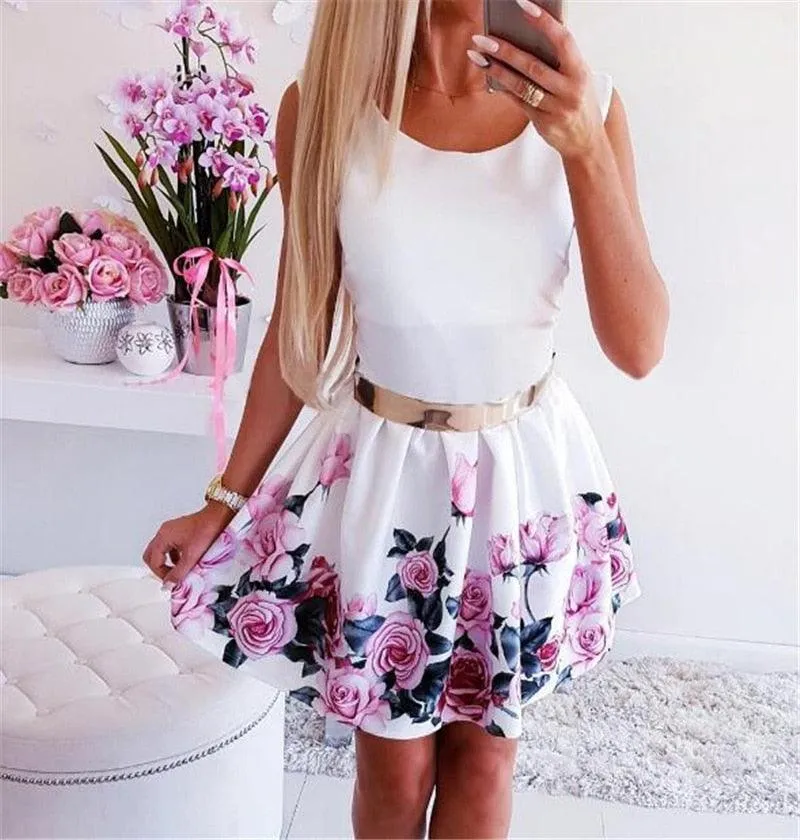 Flower Printed A-Line Dress O-Neck/V-Neck Sleeveless Mini Dress