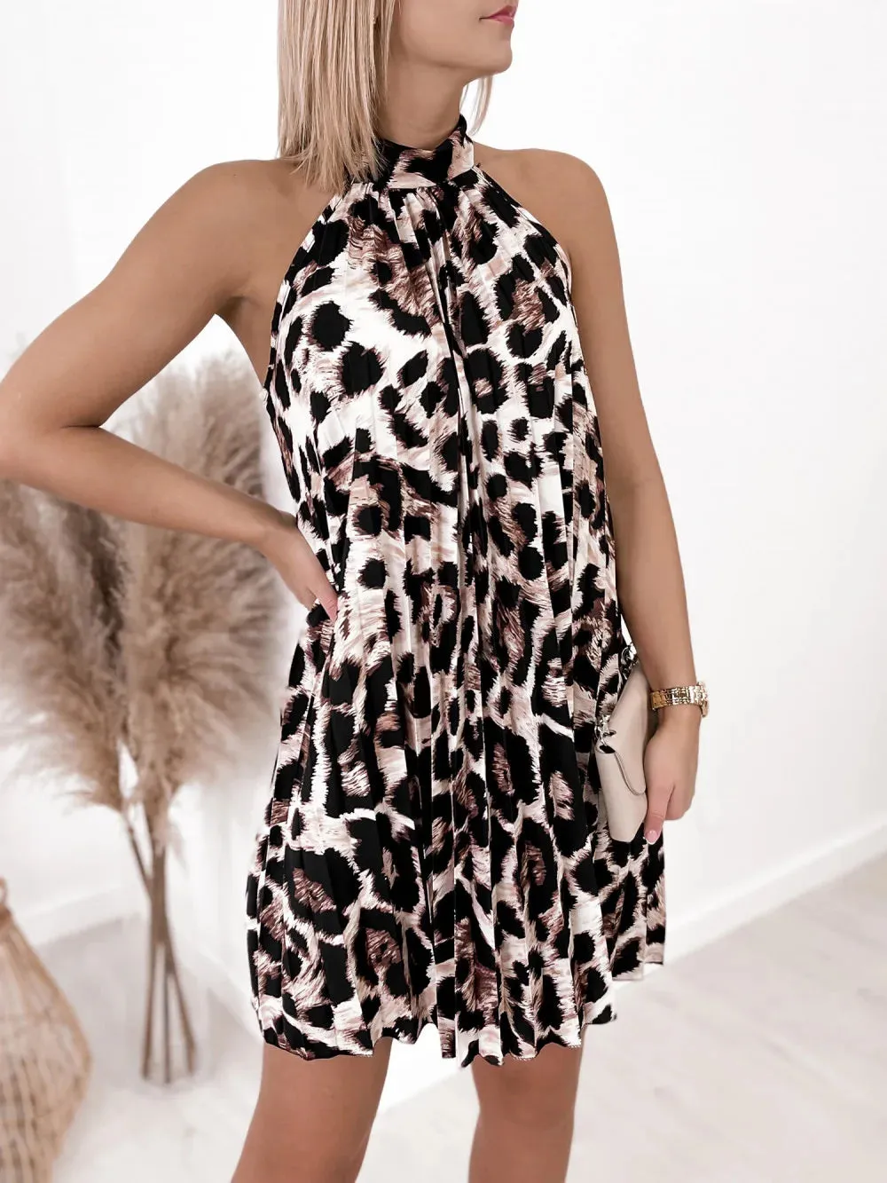 Flower Printed A-Line Dress O-Neck/V-Neck Sleeveless Mini Dress