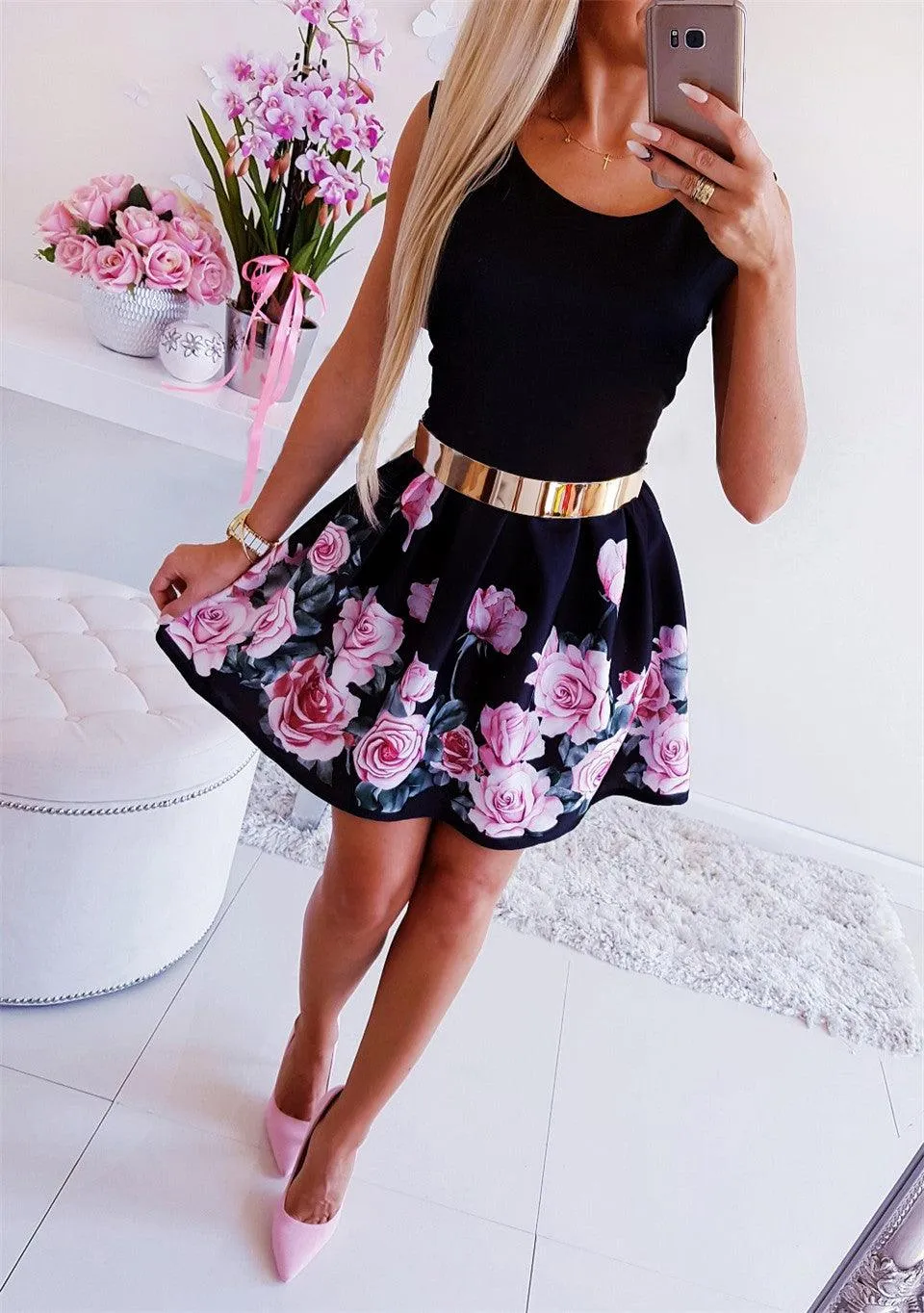 Flower Printed A-Line Dress O-Neck/V-Neck Sleeveless Mini Dress