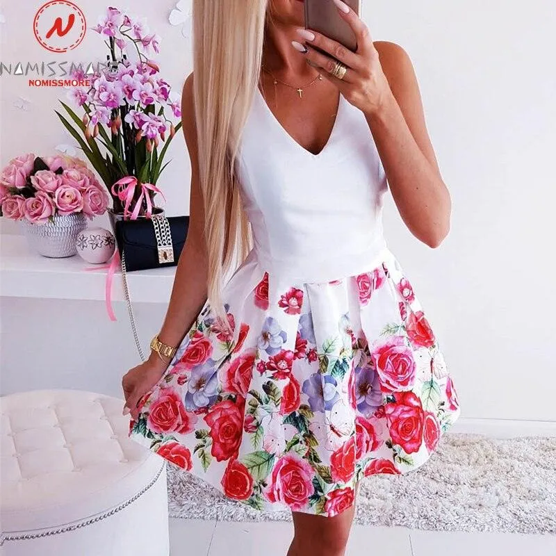 Flower Printed A-Line Dress O-Neck/V-Neck Sleeveless Mini Dress