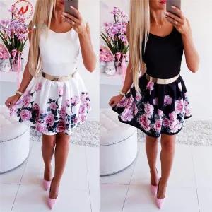 Flower Printed A-Line Dress O-Neck/V-Neck Sleeveless Mini Dress