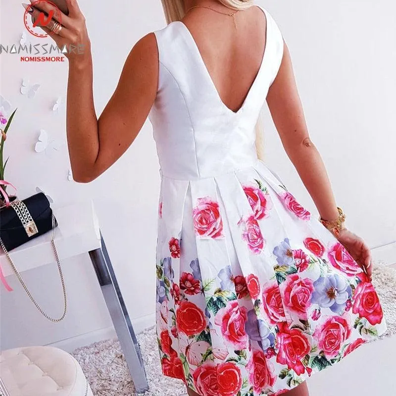 Flower Printed A-Line Dress O-Neck/V-Neck Sleeveless Mini Dress