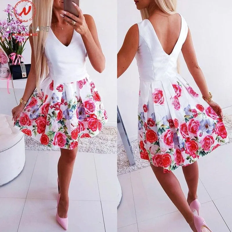 Flower Printed A-Line Dress O-Neck/V-Neck Sleeveless Mini Dress