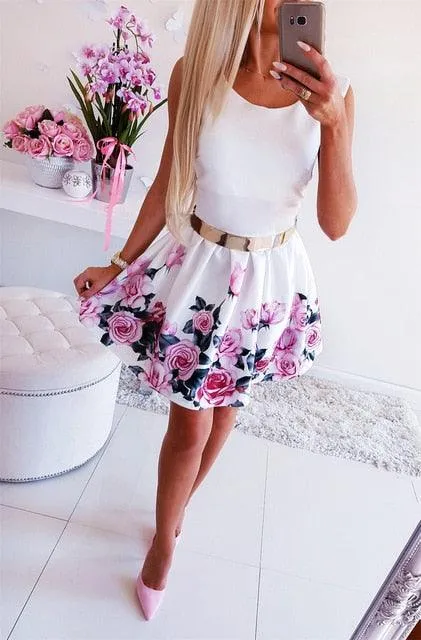 Flower Printed A-Line Dress O-Neck/V-Neck Sleeveless Mini Dress