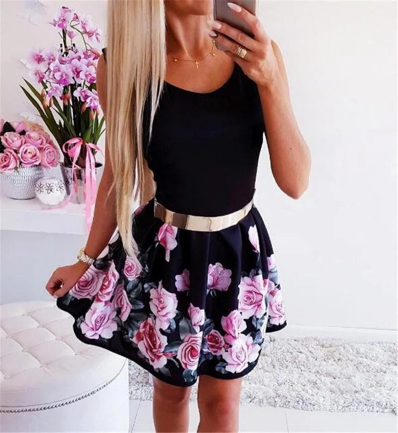 Flower Printed A-Line Dress O-Neck/V-Neck Sleeveless Mini Dress