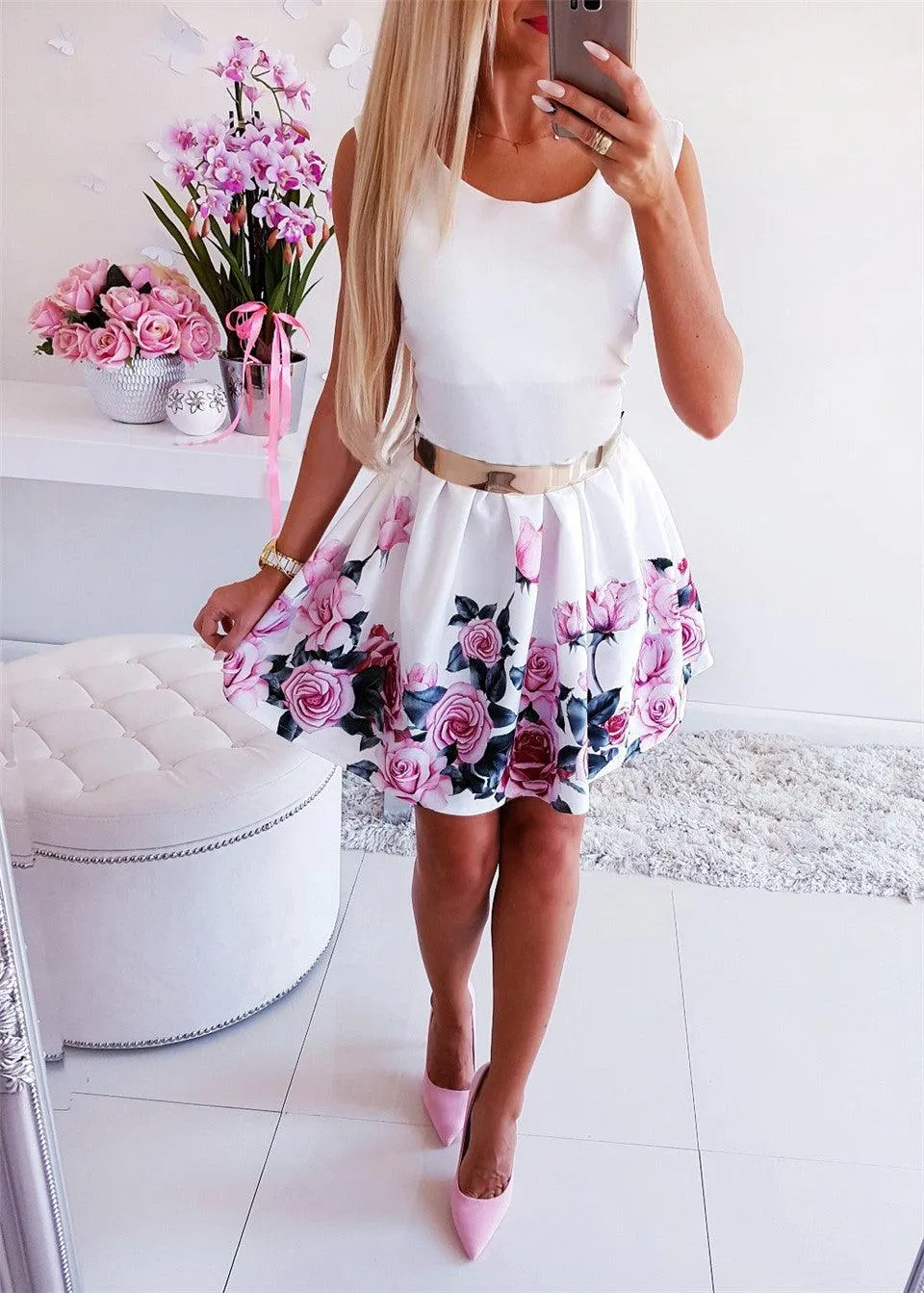 Flower Printed A-Line Dress O-Neck/V-Neck Sleeveless Mini Dress