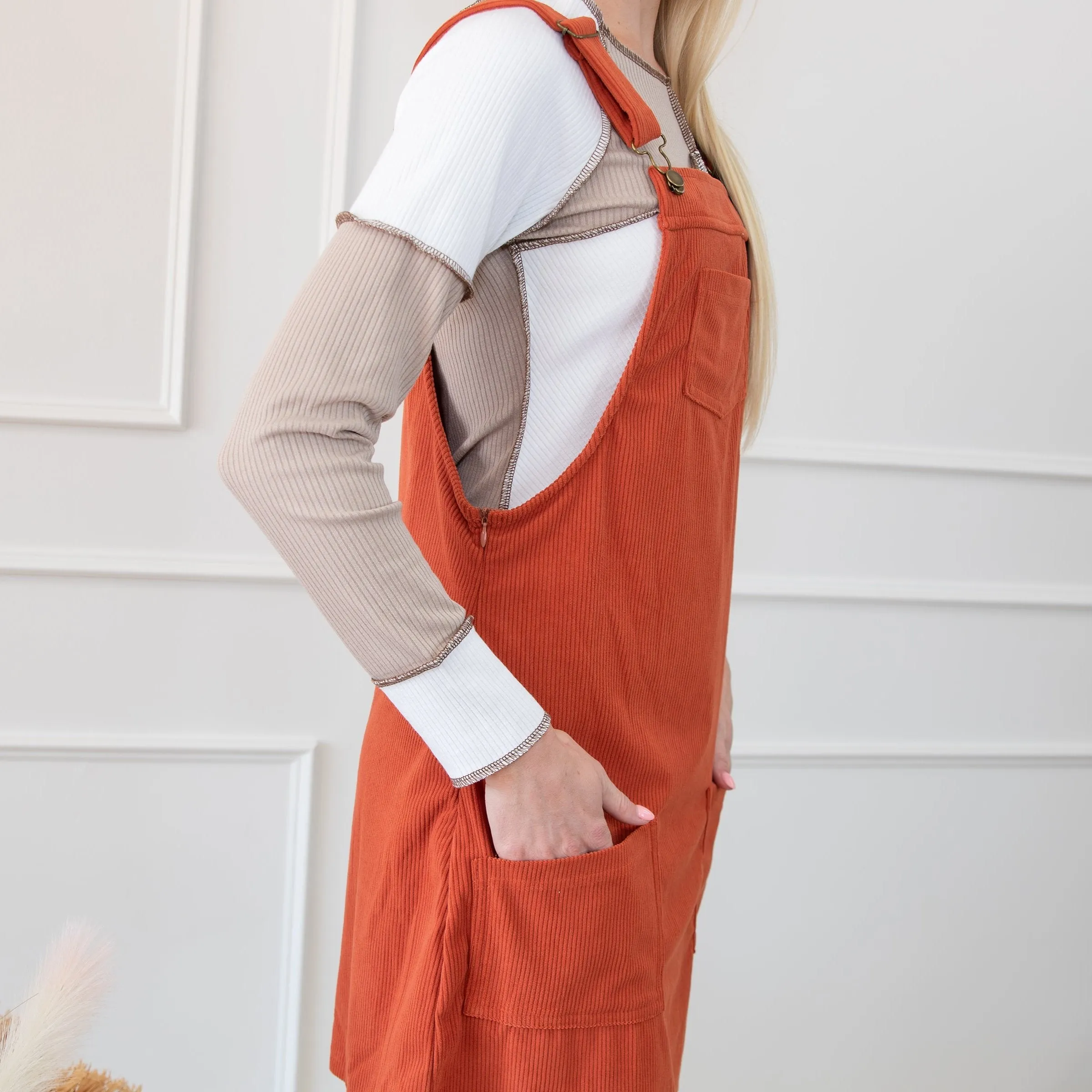 Front Pockets Corduroy Overall Dress