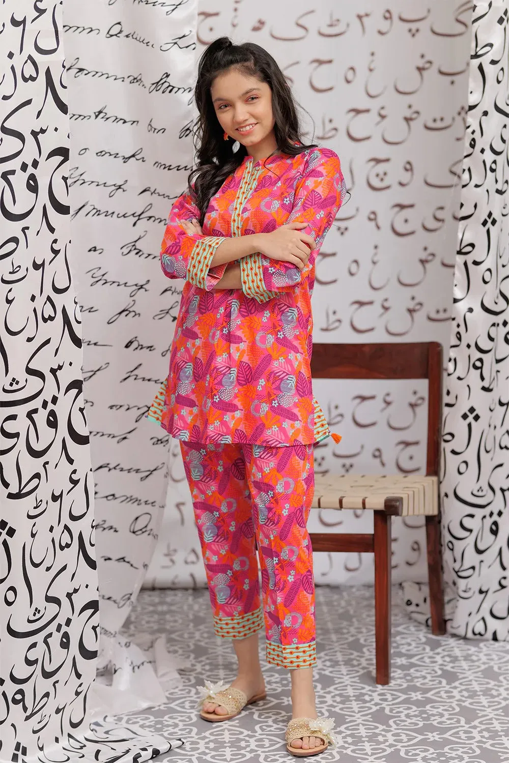 GAC-02167 | SHOCKING PINK & MULTICOLOR | CASUAL 2 PIECE SUIT | COTTON CAMBRIC PRINT