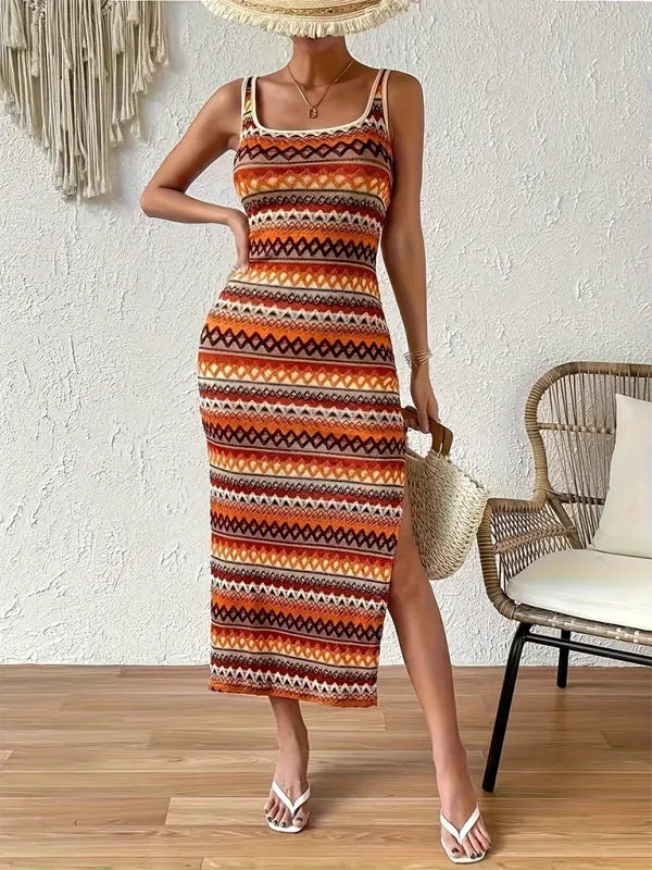 Geometric Striped Sleeveless Maxi Dress with Square Neck