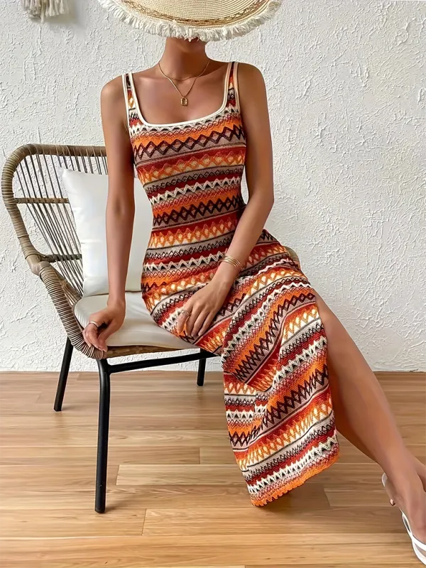 Geometric Striped Sleeveless Maxi Dress with Square Neck