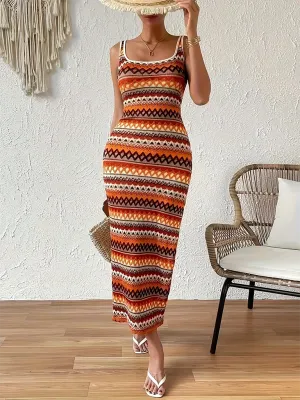 Geometric Striped Sleeveless Maxi Dress with Square Neck