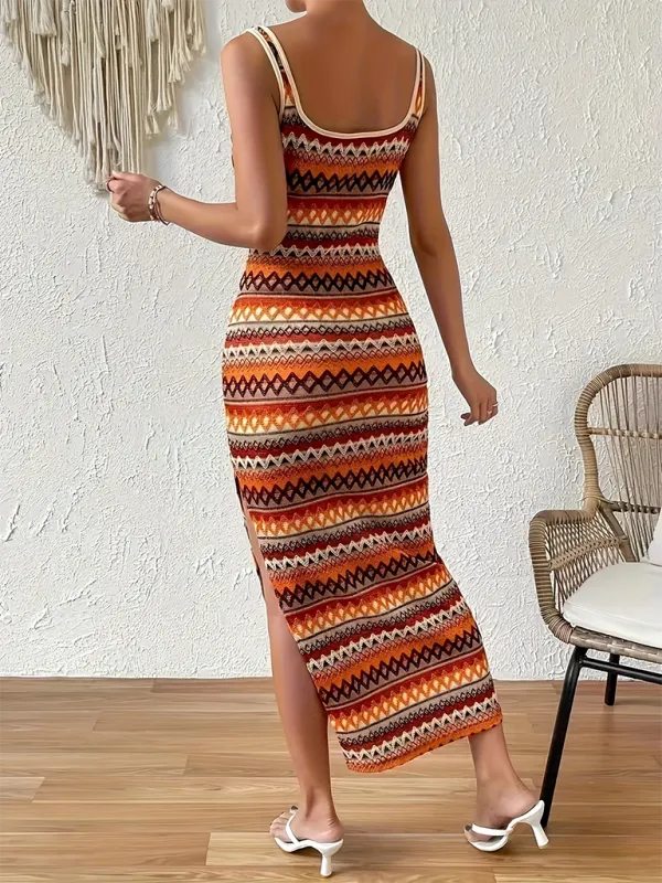 Geometric Striped Sleeveless Maxi Dress with Square Neck