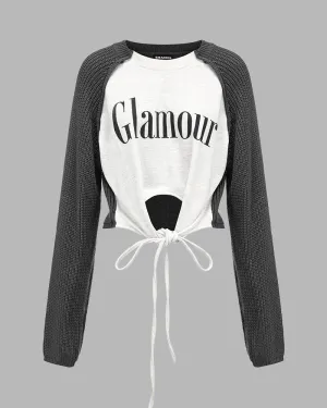 Glamour Raglan Graphic Ribbed Sleeves Top