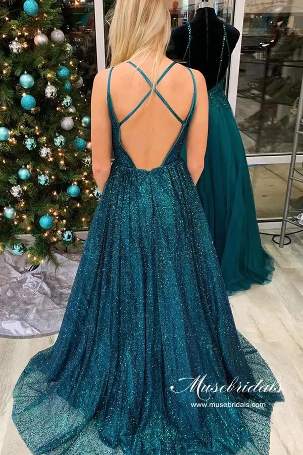 Glittering Teal A-line V-neck Spaghetti Straps Prom Dresses With Train, MP902