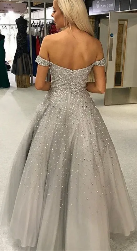 Gorgeous Off Shoulder Silver Grey Sequins Long Prom, Off Shoulder Grey Formal Evening