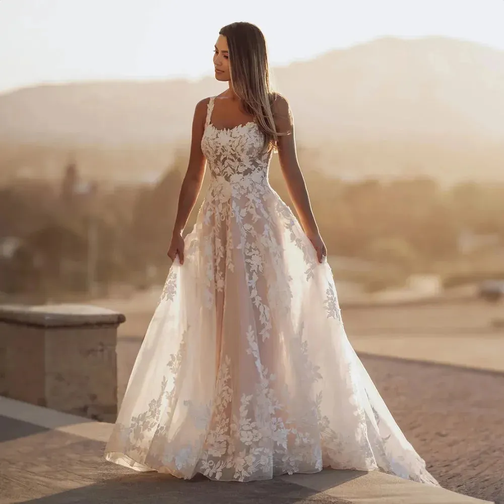 Gorgeous Wedding Dresses For Woman Square Neck Appliques Open Back Tulle Lace Charming Bridal Gowns Vestidos De Novia