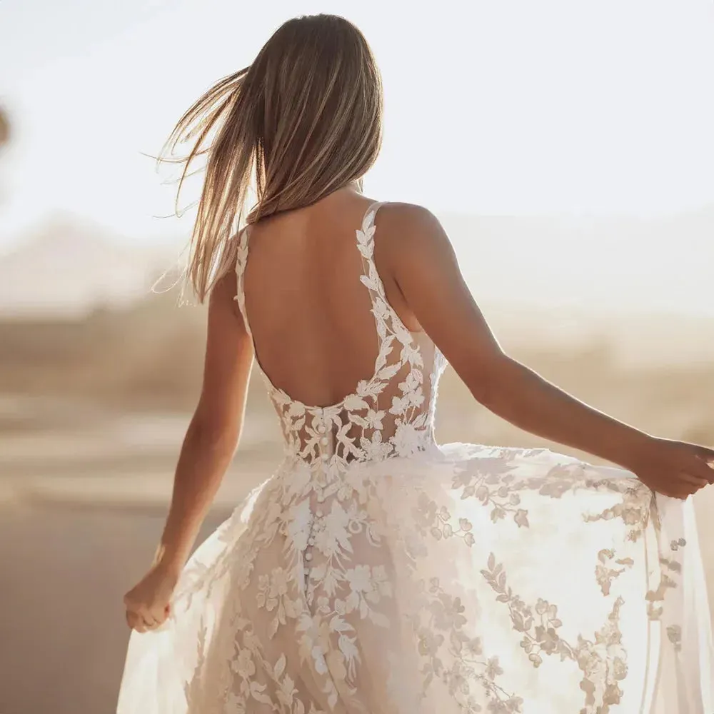 Gorgeous Wedding Dresses For Woman Square Neck Appliques Open Back Tulle Lace Charming Bridal Gowns Vestidos De Novia