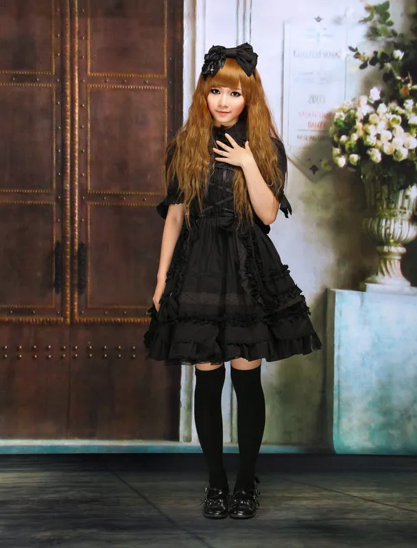 Gothic Lolita Dress OP Black Short Sleeves Shirring Lace Up Ruffles Bows Cotton Lolita One Piece Dress