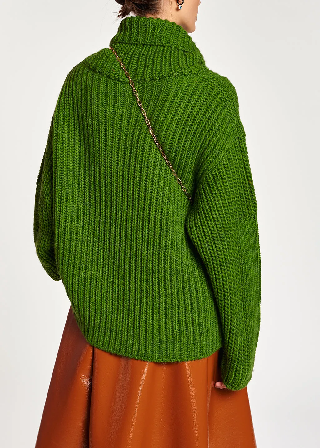 Green chunky ribbed turtleneck sweater