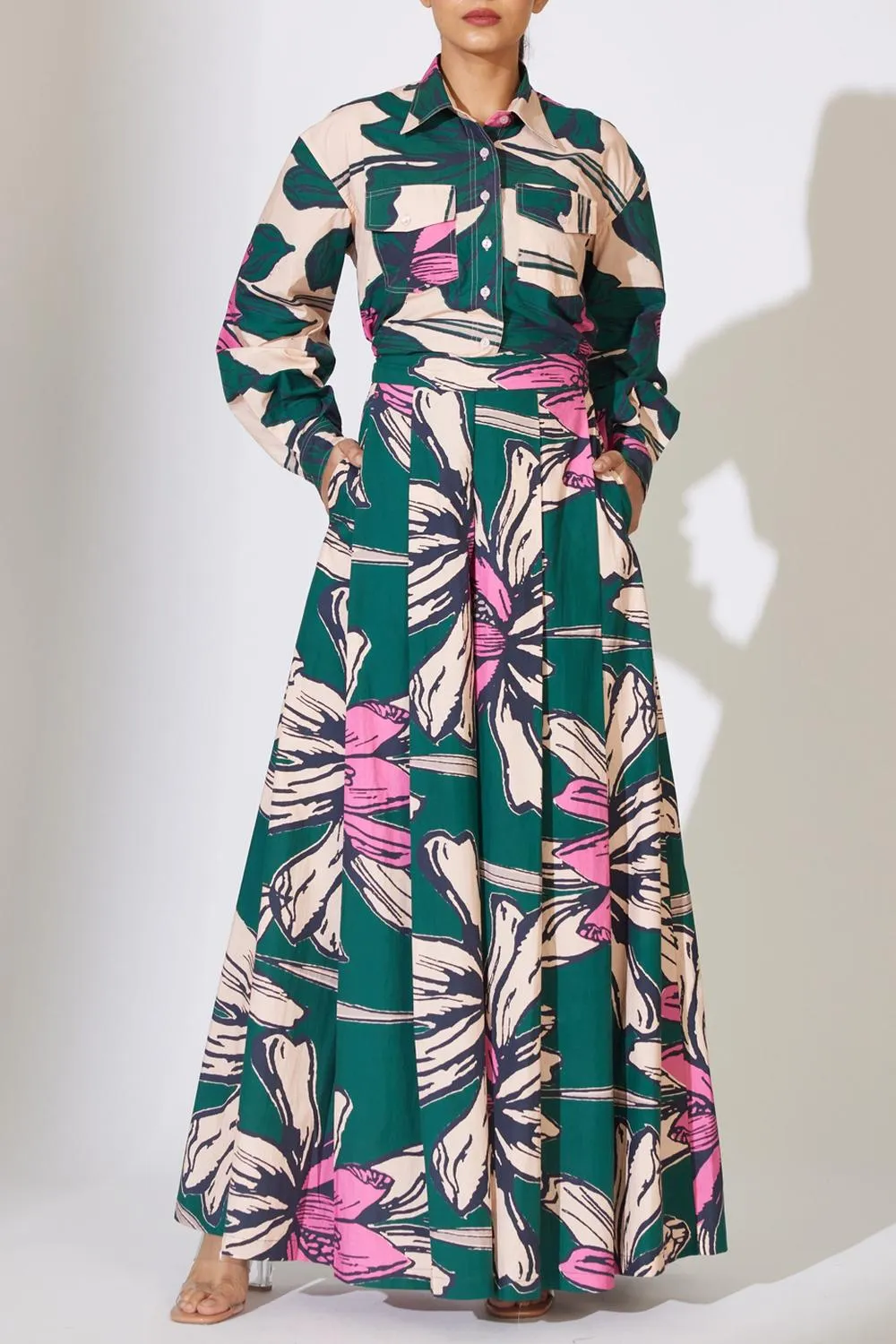 Green, Peach And Pink Floral Pleated Pants