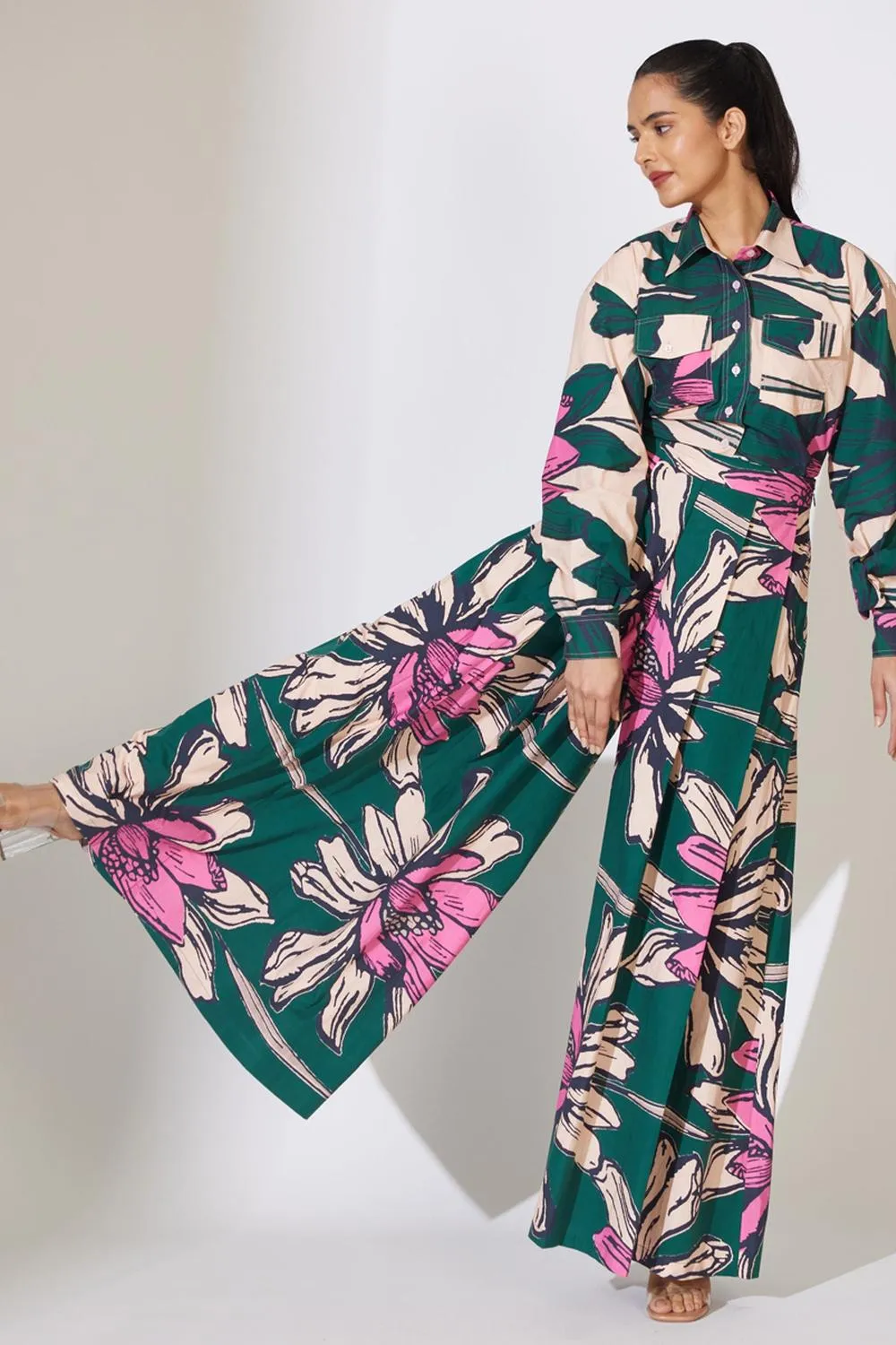 Green, Peach And Pink Floral Pleated Pants