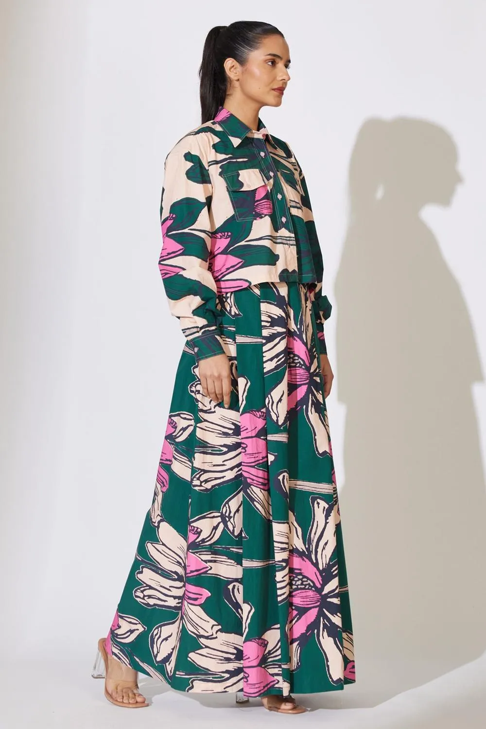 Green, Peach And Pink Floral Pleated Pants
