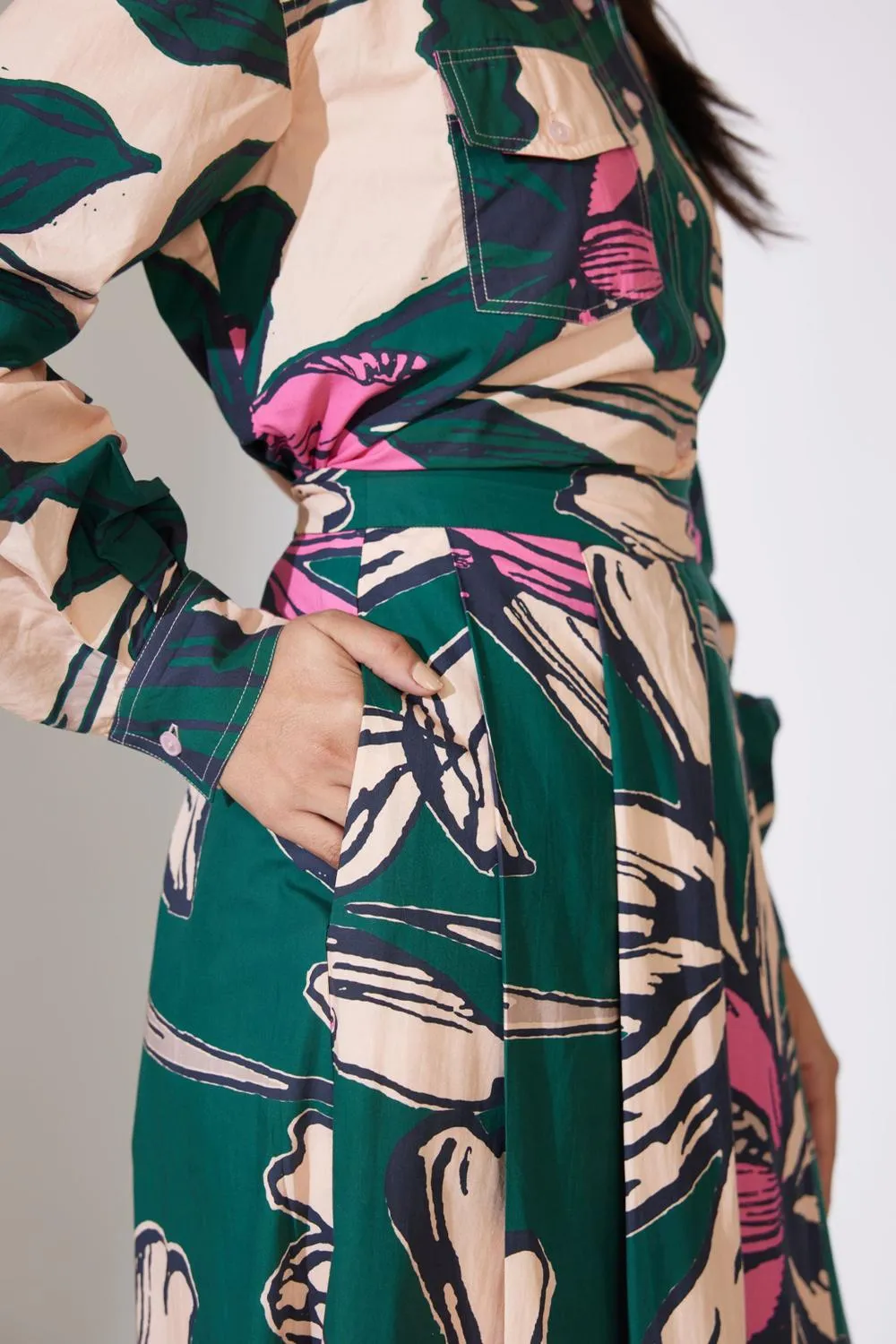Green, Peach And Pink Floral Pleated Pants