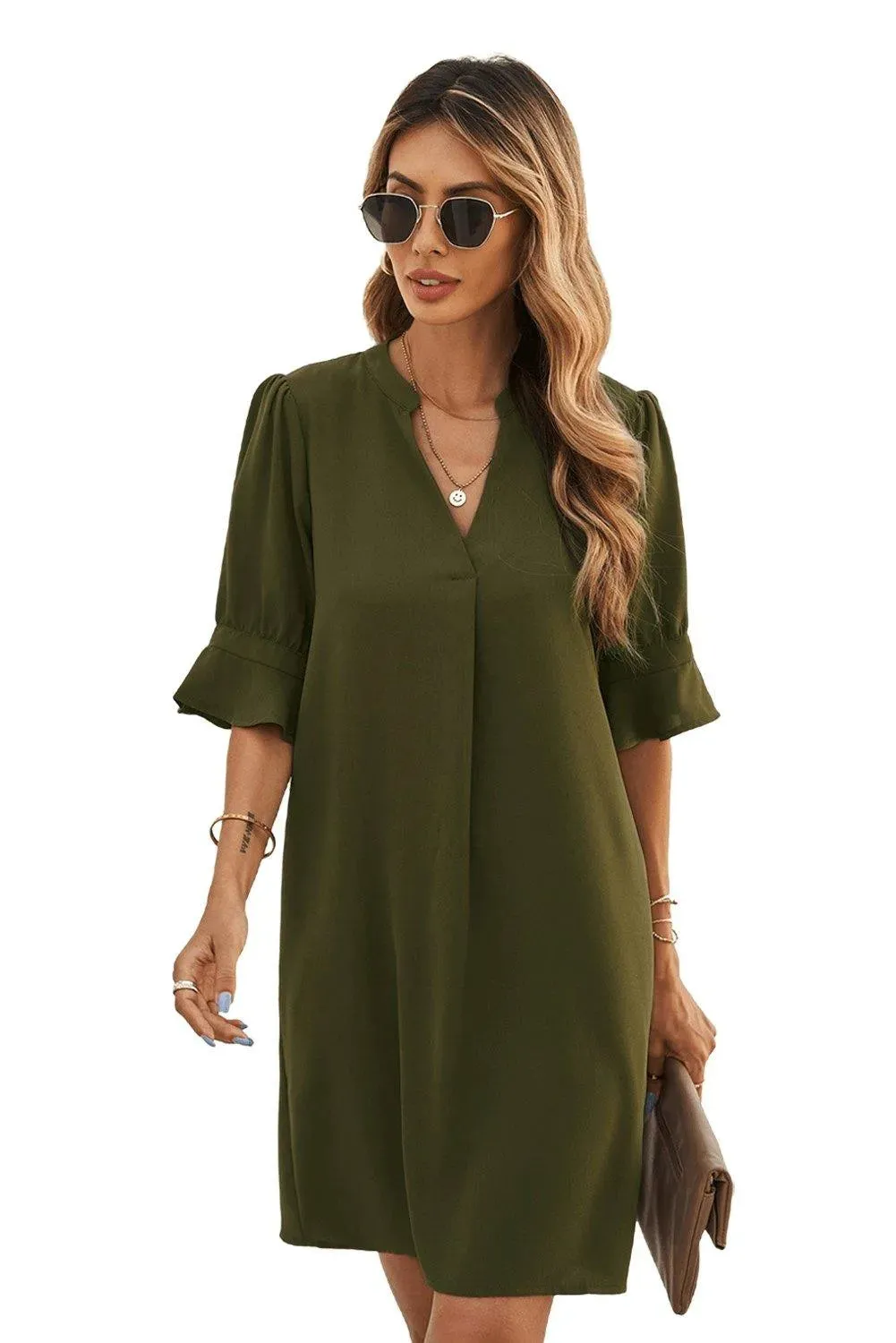 Green Ruffled Sleeve Shift Shirt Dress
