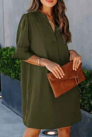 Green Ruffled Sleeve Shift Shirt Dress