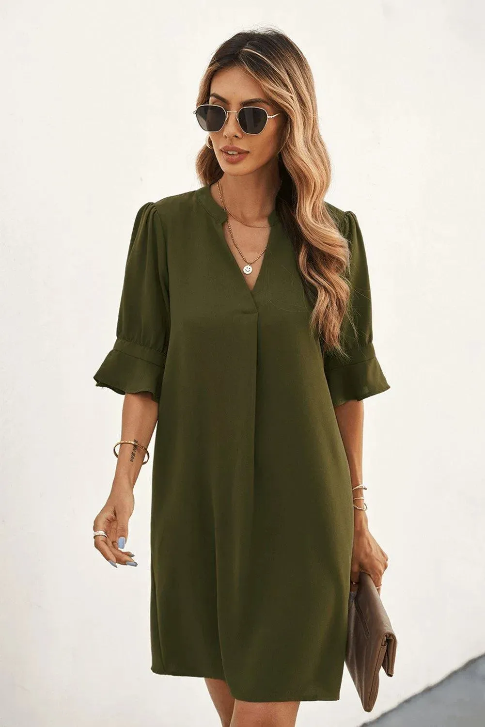 Green Ruffled Sleeve Shift Shirt Dress