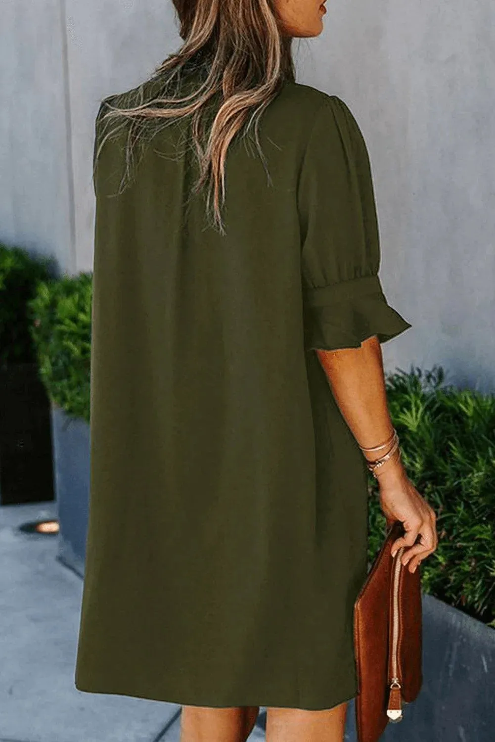 Green Ruffled Sleeve Shift Shirt Dress