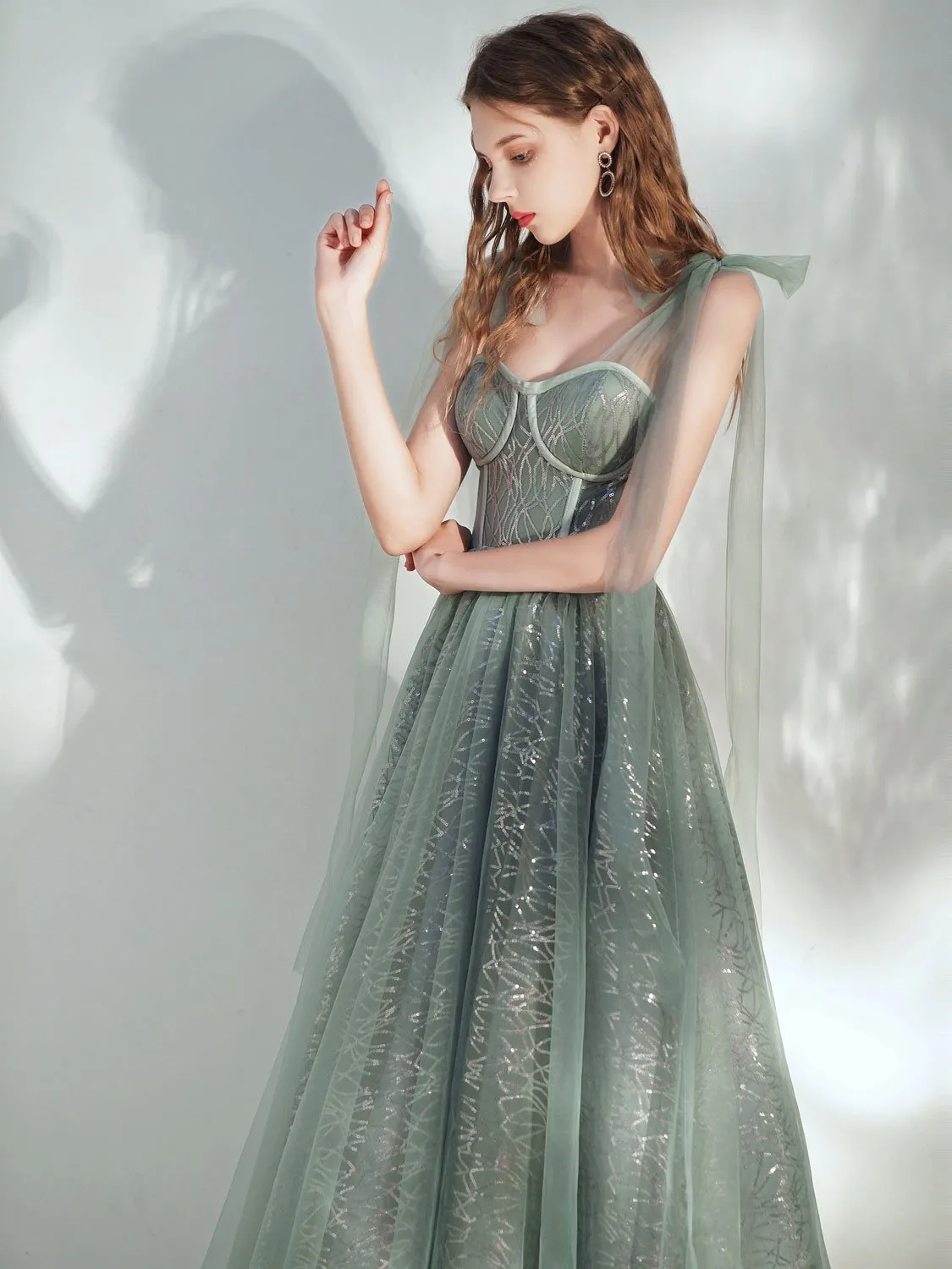 Green sweetheart neck tulle tea length prom dress, green evening dress
