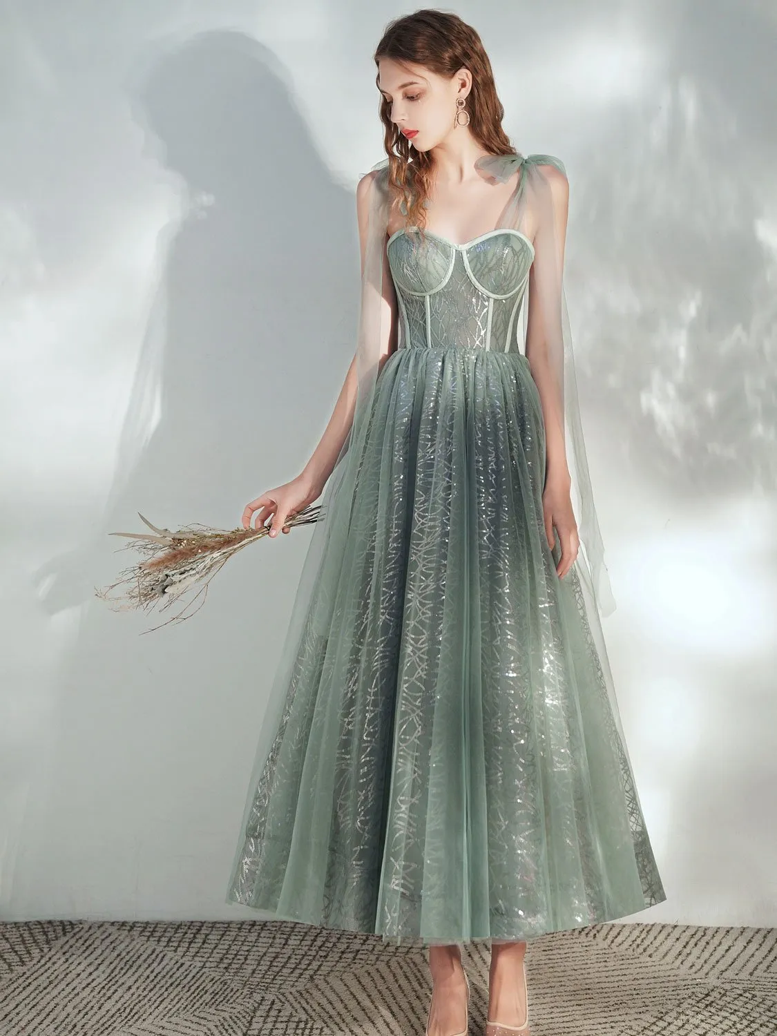 Green sweetheart neck tulle tea length prom dress, green evening dress