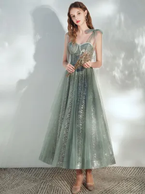 Green sweetheart neck tulle tea length prom dress, green evening dress