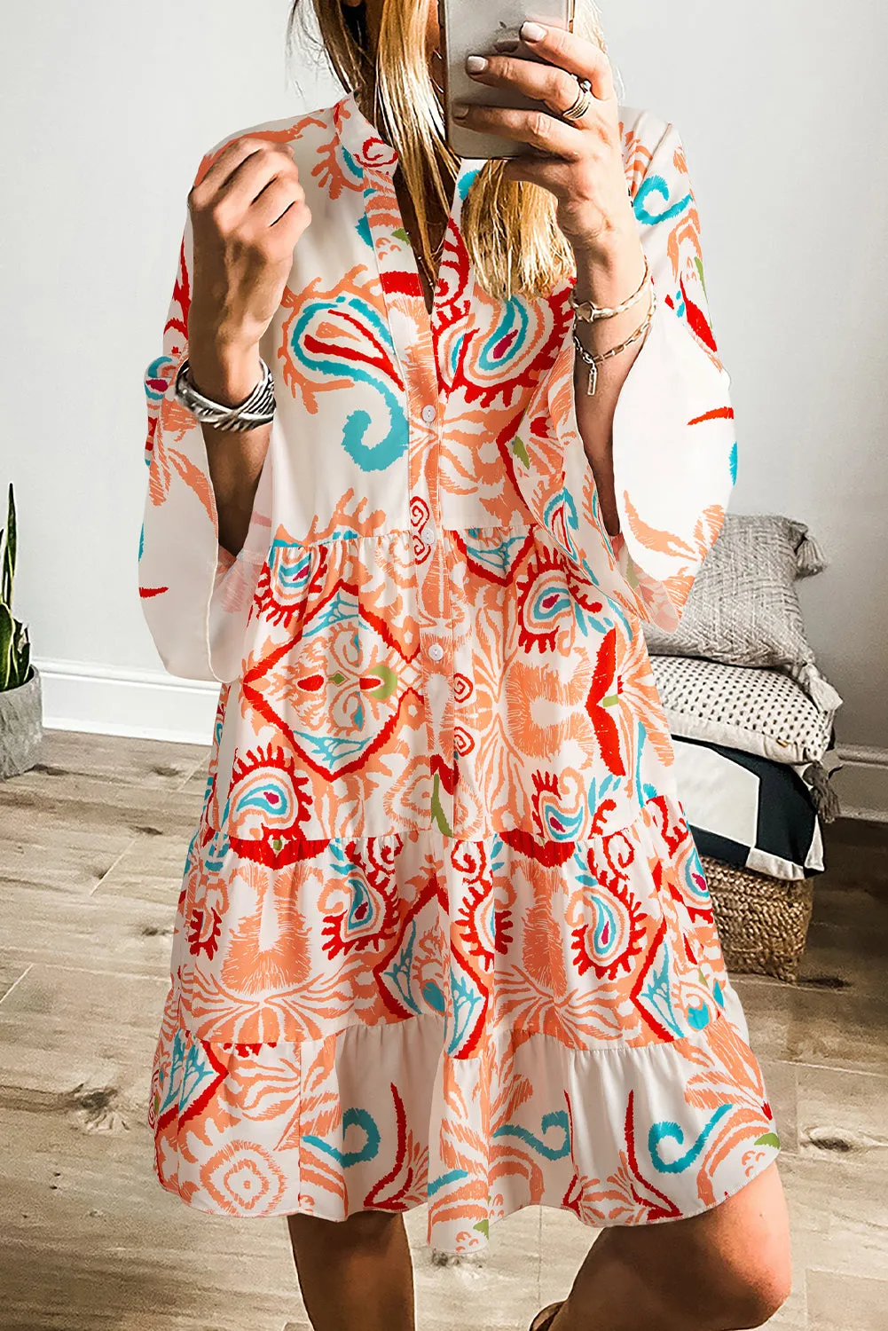 Green Tribal Bracelet Sleeve Buttoned Mini Dress