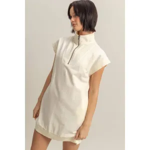 Half Zip Up Mock Neck Mini Dress Cream