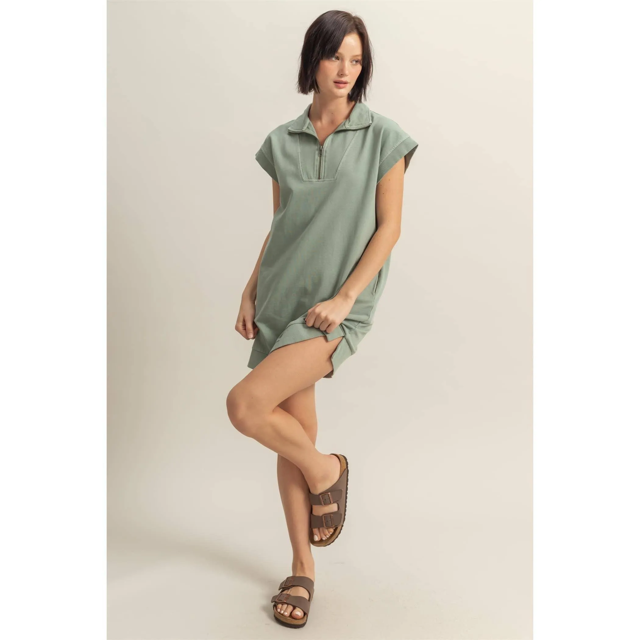 Half Zip Up Mock Neck Mini Dress Cream
