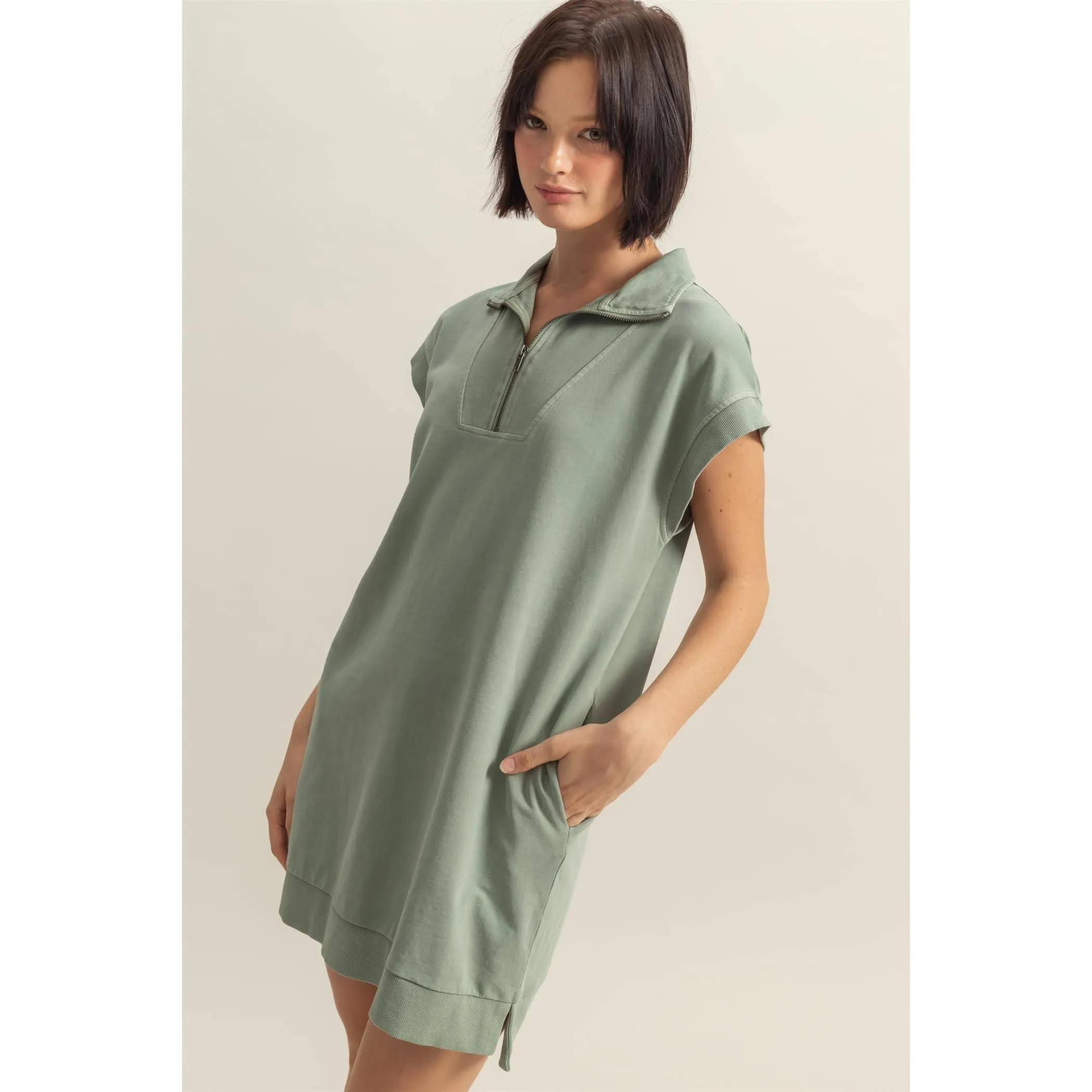 Half Zip Up Mock Neck Mini Dress Cream