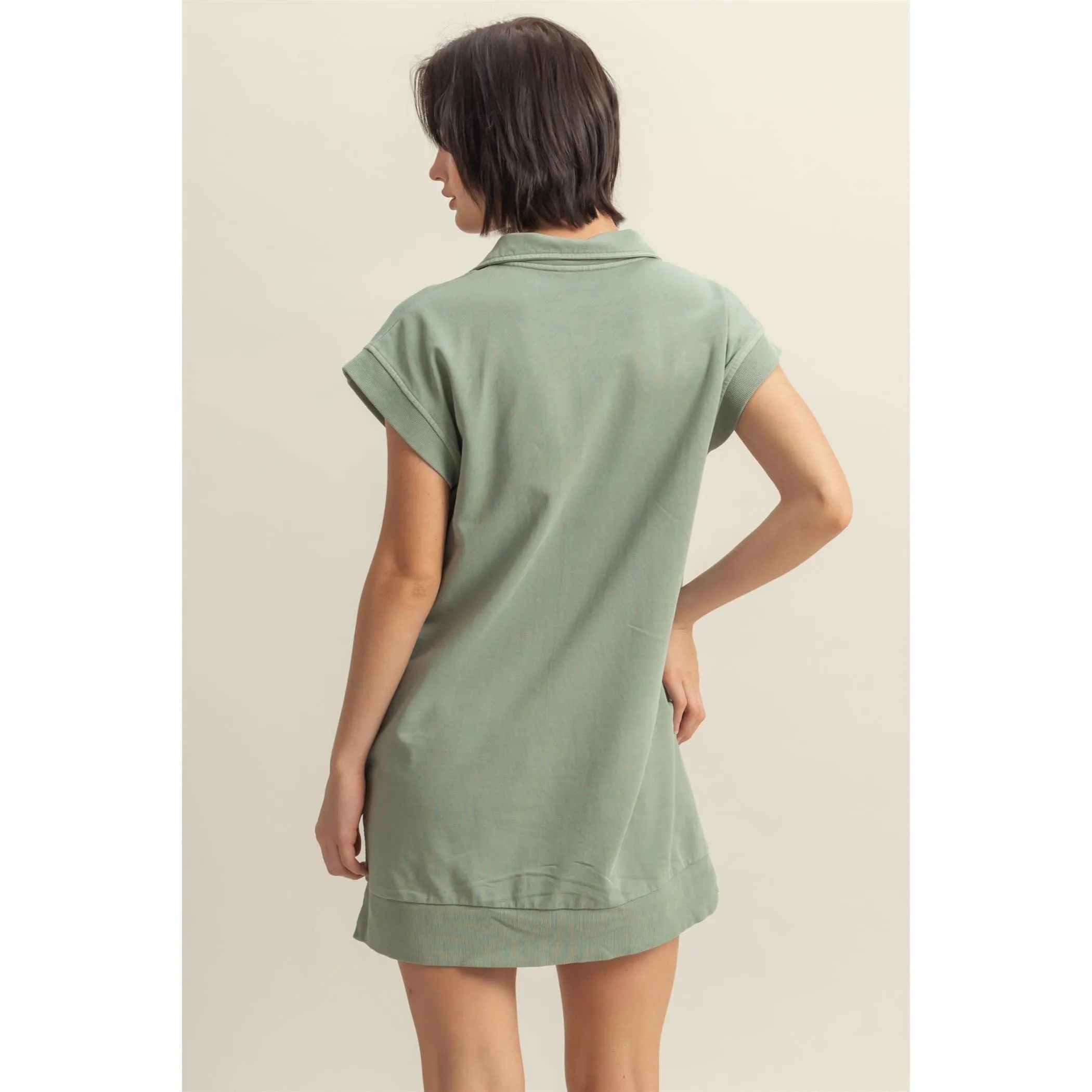 Half Zip Up Mock Neck Mini Dress Cream