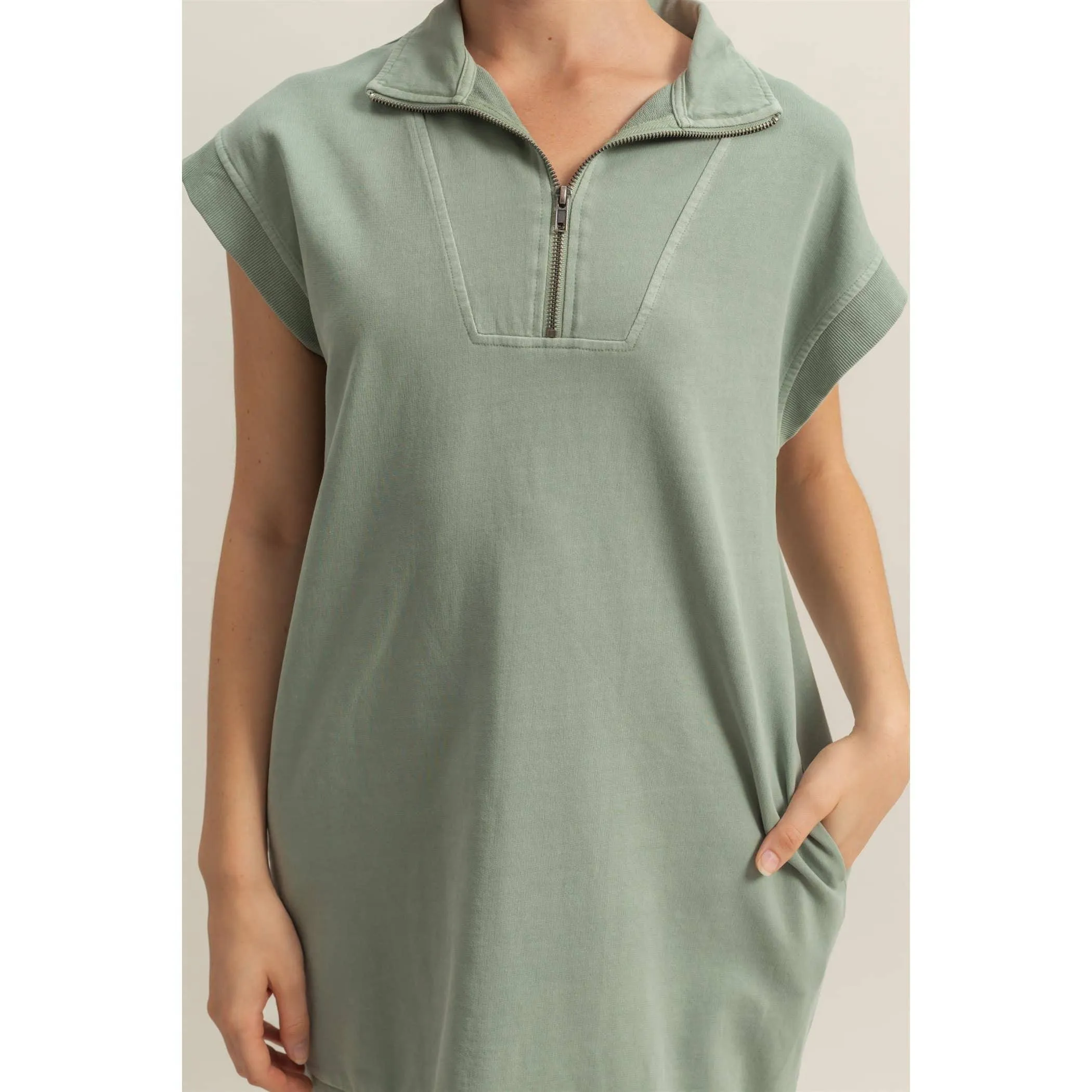 Half Zip Up Mock Neck Mini Dress Cream