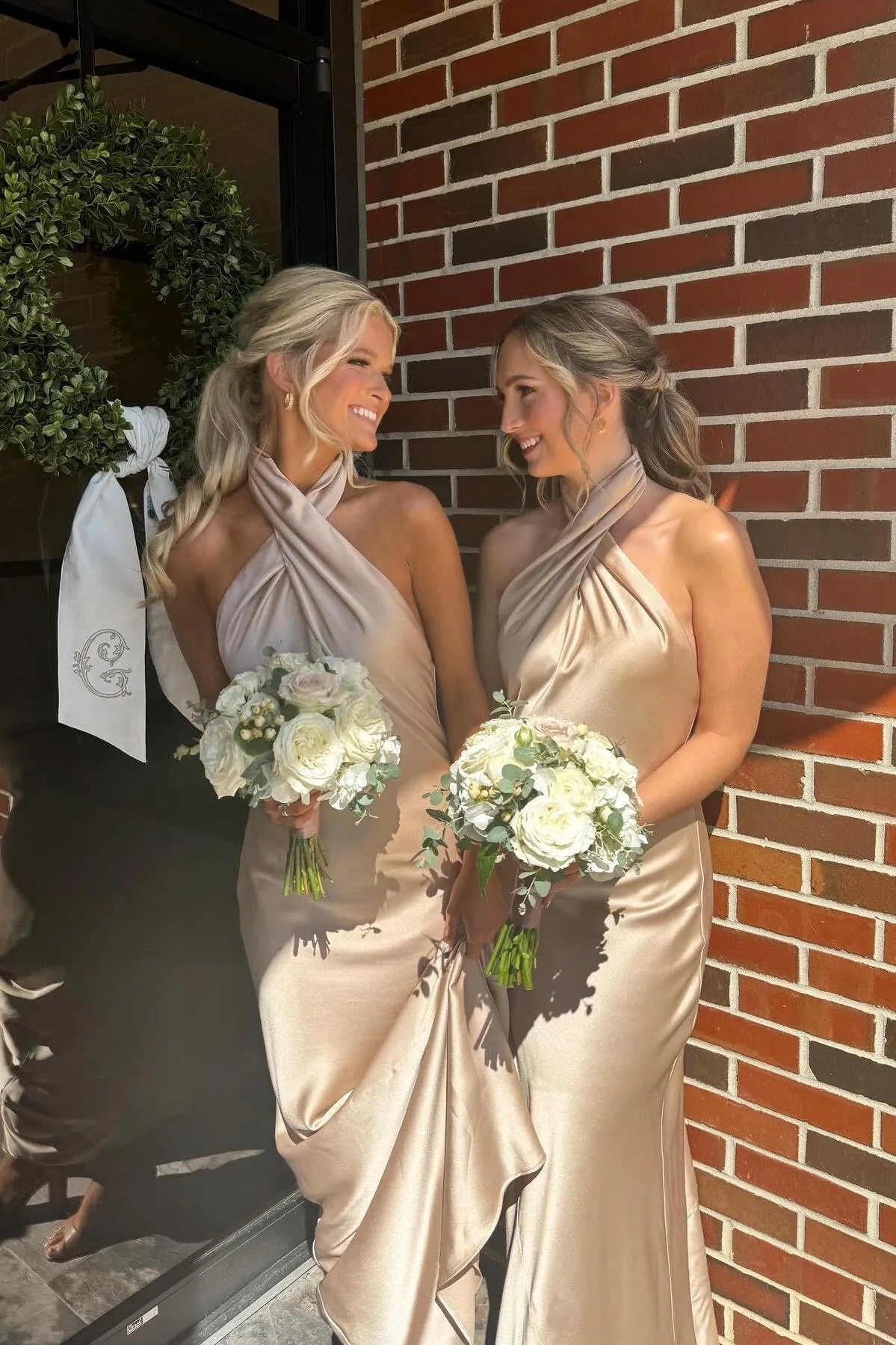 Halter Moss Green Sheath Tea Length Bridesmaid Dress