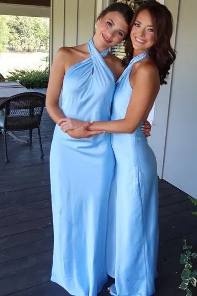 Halter Moss Green Sheath Tea Length Bridesmaid Dress