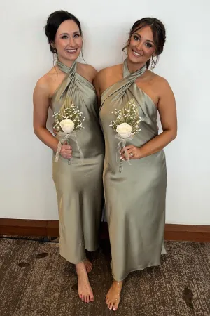 Halter Moss Green Sheath Tea Length Bridesmaid Dress