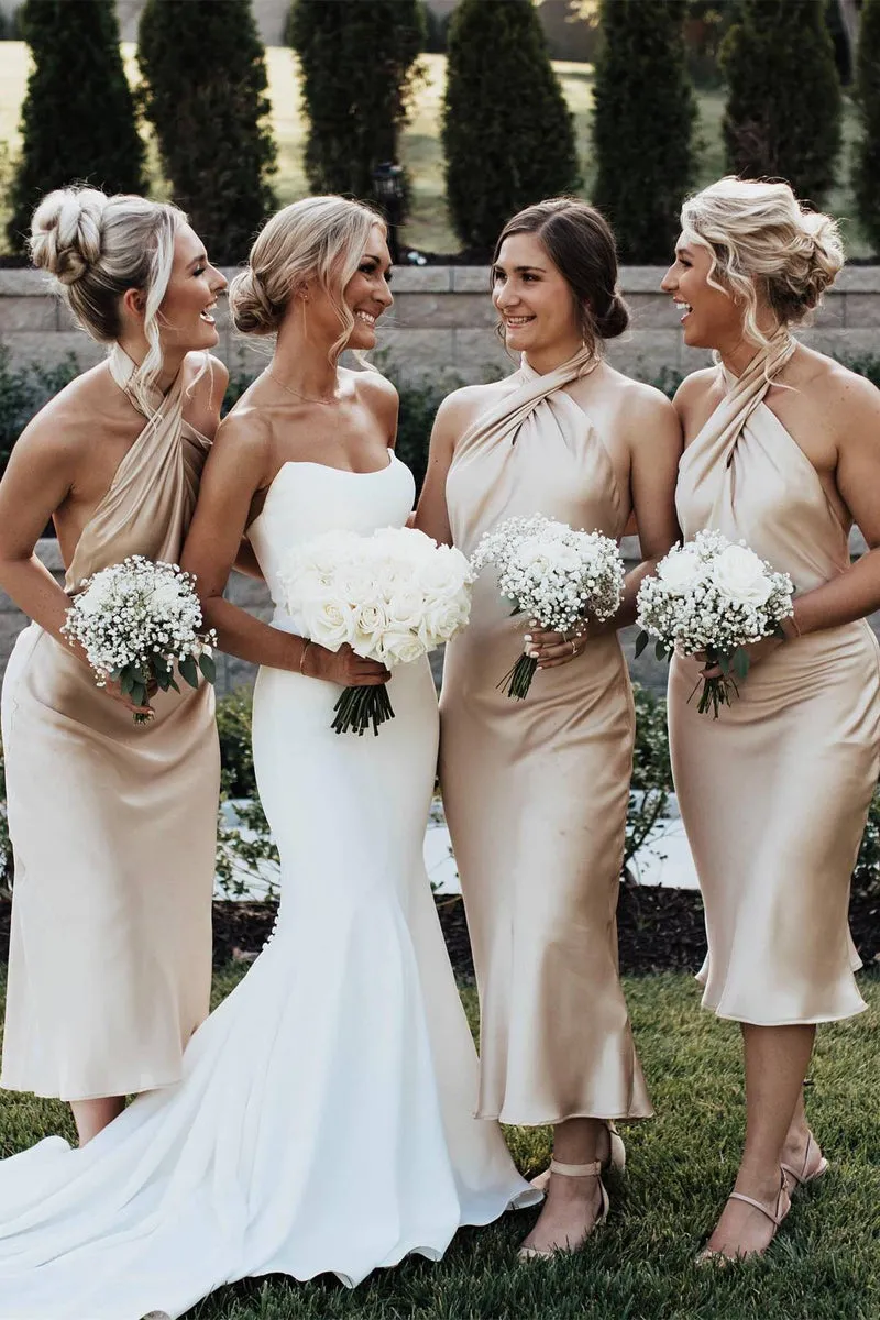 Halter Moss Green Sheath Tea Length Bridesmaid Dress